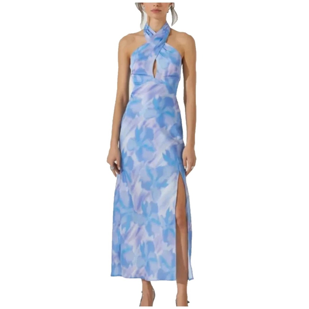ASTR‎ The Label Amara Halter Maxi Slit Dress Womens M Blue Abstract Watercolor